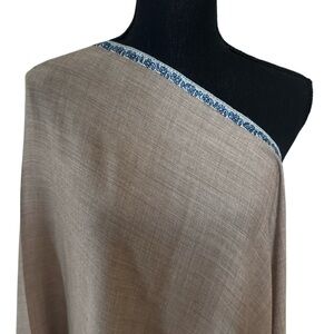 Elegant Tan Shawl with Blue Trim